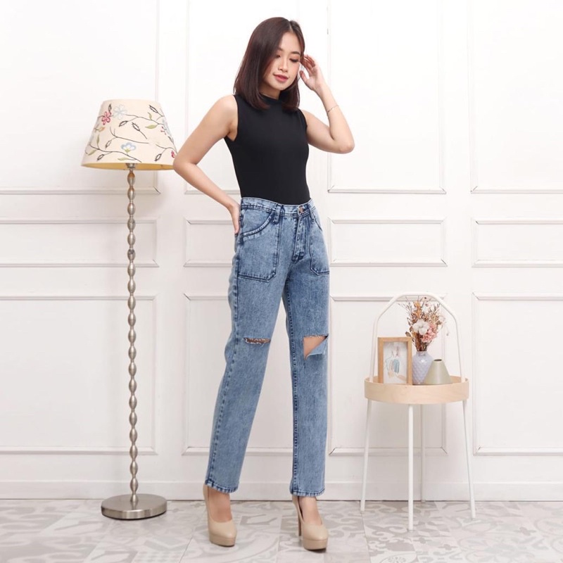 HOPYLOVY Celana Boyfriend Jeans Wanita Highwaist Celika