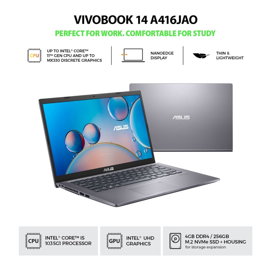 ASUS VIVOBOOK A416JAO-VIPS524 /CORE I5-1035G1/4GB/256GB SSD/14″/WIN 10 /GREY ORIGINAL GARANSI RESMI