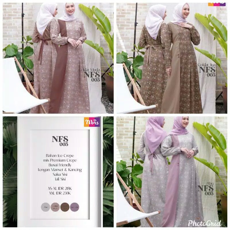 Gamis Nibras Terbaru Motif Floral NFS 005/ Dress Dewasa Motif Nbrs NFS 05 Lavender Abu Coklat 2021