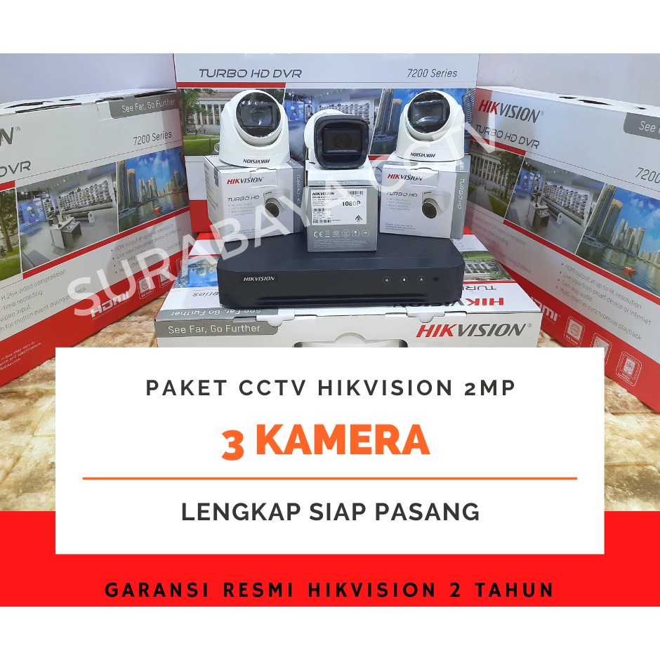 Paket CCTV Hikvision Turbo HD 2MP DVR 4 Channel 3 Kamera Siap Pasang