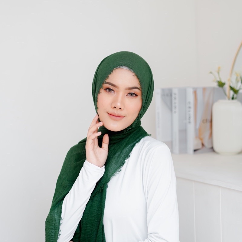 PASHMINA CRINKLE CRIMP COTTON SHAWL HIJAB PASMINA CRINKLE RAWIS  KUSUT Factory Outlet FAME ladyfame-Army
