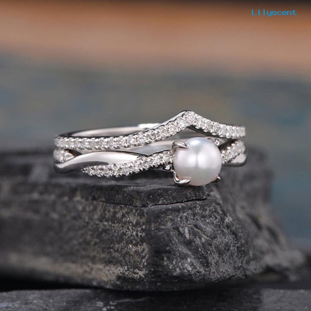 2pcs Cincin Jari Bentuk Twisted Aksen Mutiara Tiruan Untuk Wanita