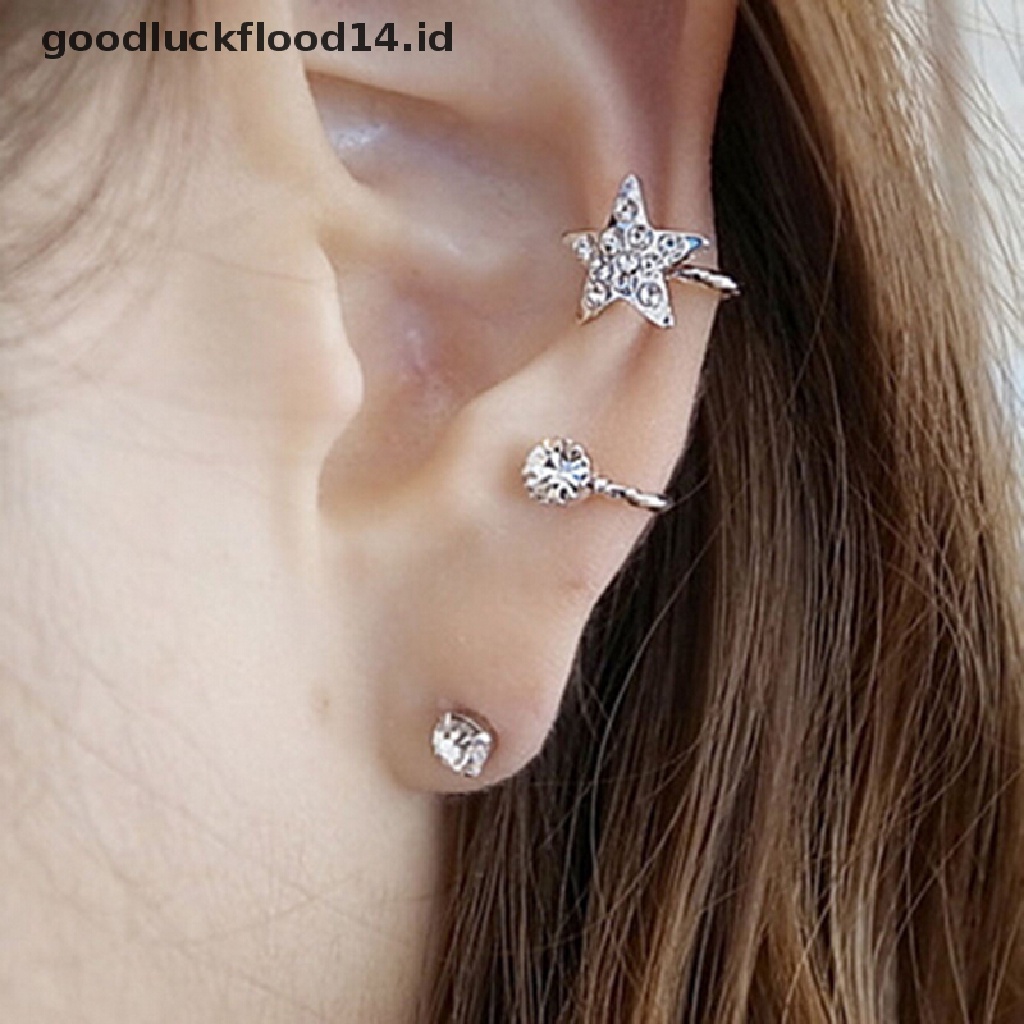 [OOID] Women Fashion Sparkling Crystal Pentagram Ear Clip Trendy Ear Cuffs Stud Earings ID