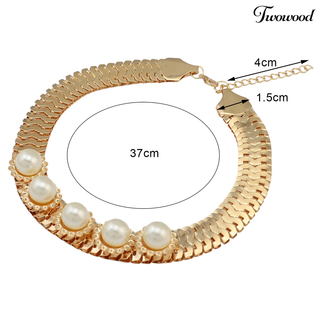 Twowood Faux Pearl Decor Rhinestone Women Necklace Alloy Adjustable Snake Chain Collar Necklace Jewelry Accessory