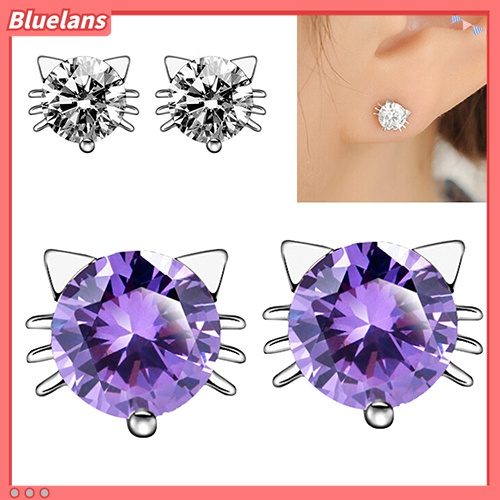 Anting Stud 925 Sterling Silver Bentuk Kucing Aksen Zirkon Untuk Perempuan