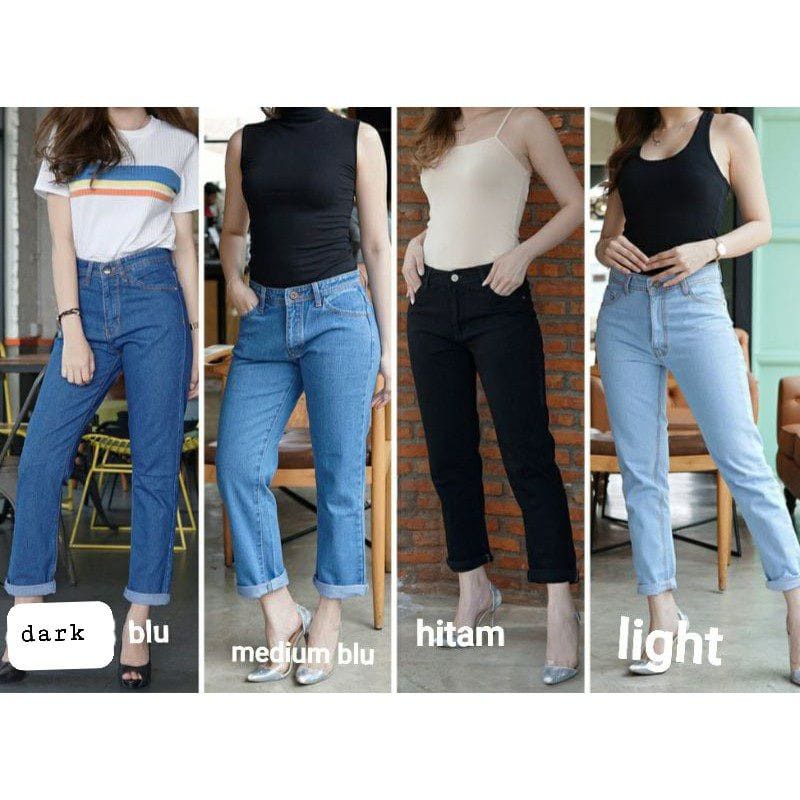 MAGCUN- Celana Highwaist Boyfriend Jeans Wanita - BF Jeans Polos Basic Standar