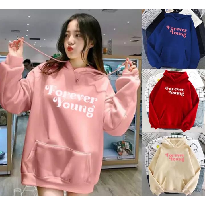 FOREVER YOUNG HOODIE FLEECE UNISEX TEBAL TERBARU'