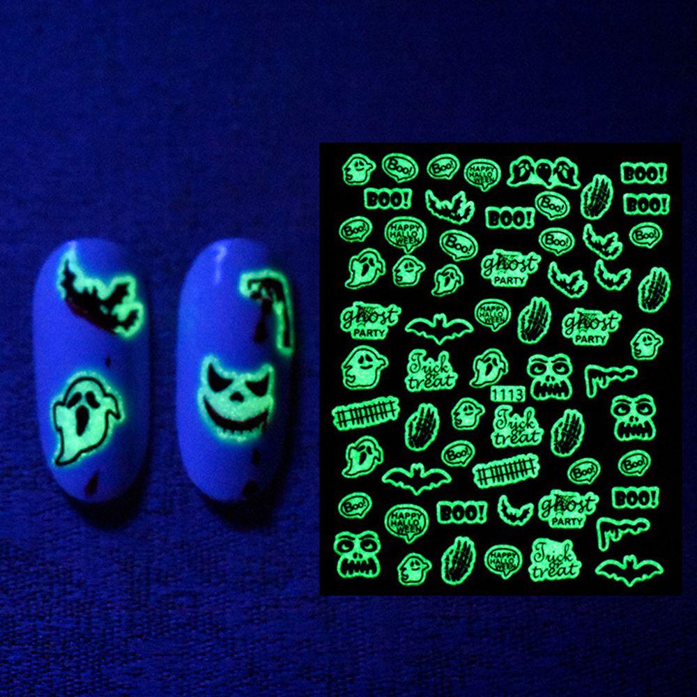 AUGUSTINA Agustinina Halloween Kuku Stiker Musim Dingin Kelelawar Hantu Putih &amp; Hitam Pesta Halloween Glow in the Dark Neon Nail Decals