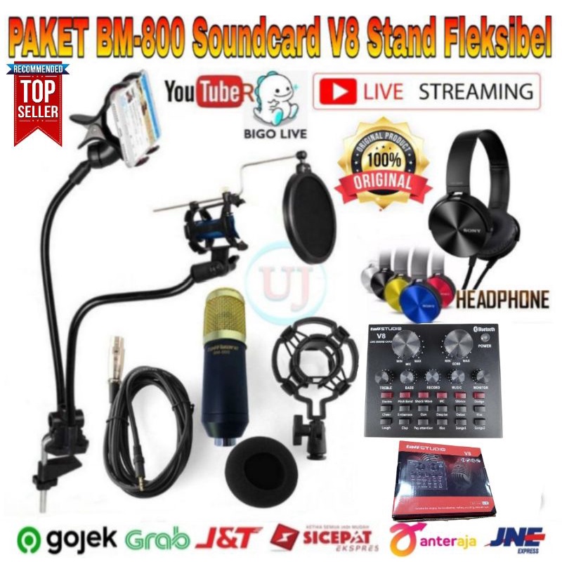 Paket Hemat Microphone BM800 Soundcard V8 Bluetooth Stand Fleksibel Home Recording Terbaik