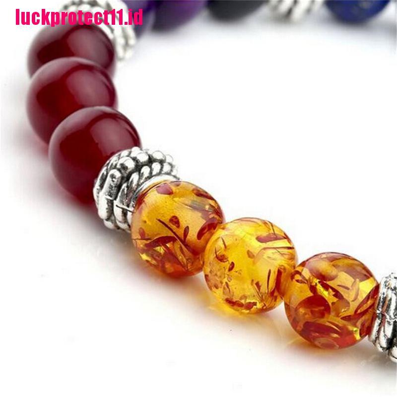 (LUCK) 1pc Gelang Tangan Wanita Manik Batu Lava Rock Chakra Reiki 7 Batu Permata