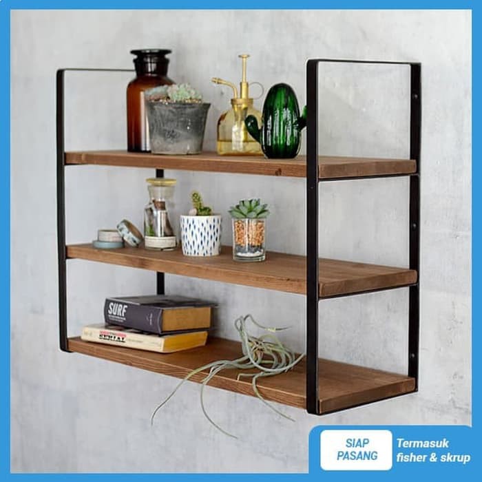 Fuji Rak Dinding 3 Ambalan Kayu Dan Besi Buku Make Up Hiasan Dekorasi - Cokelat, 30Cm