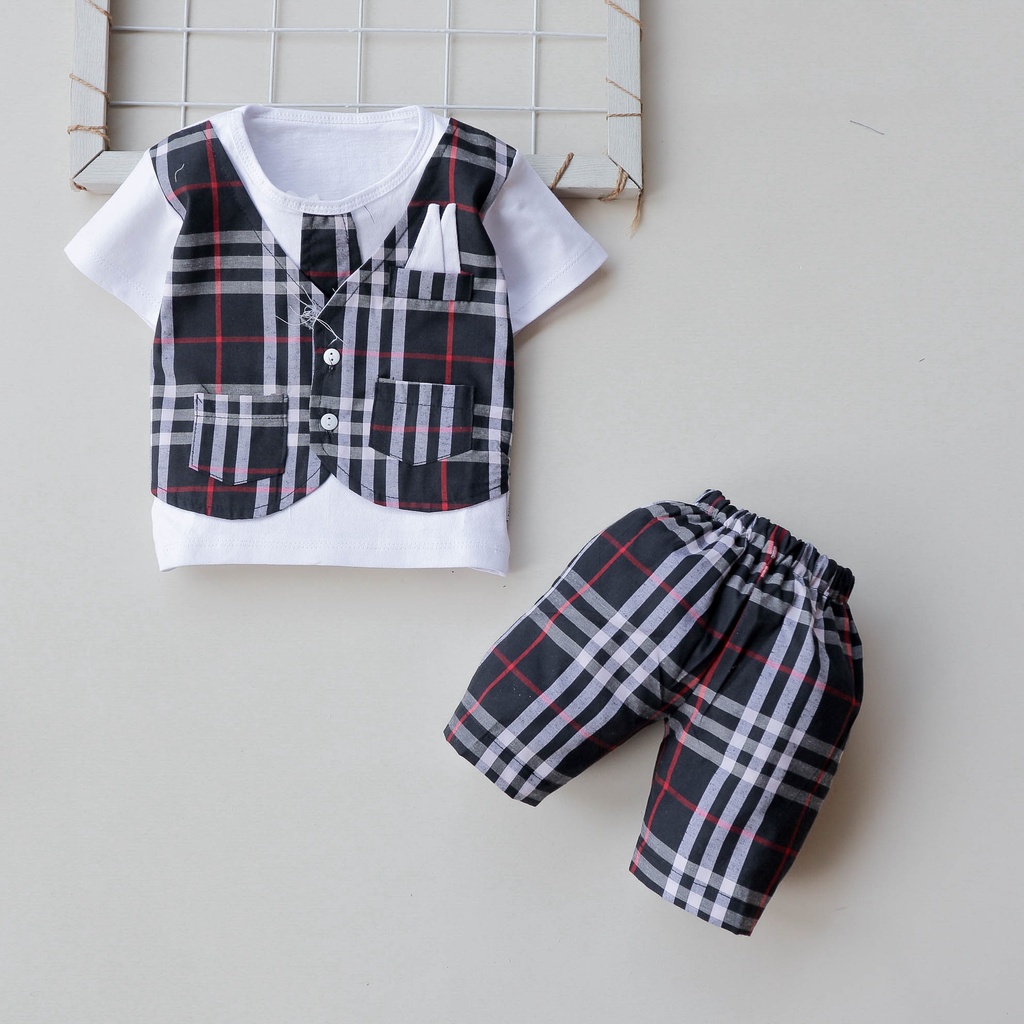 Setelan Baju Celana Anak Bayi Laki-laki Cowok Usia 0 Bulan - 3 Tahun Motif Rompi Dasi Burberry 02