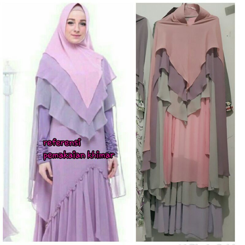 set gamis/dress khimar/hijab 3 layer syari jumbo lancip gallery syarifah pl/preloved/second/bekas