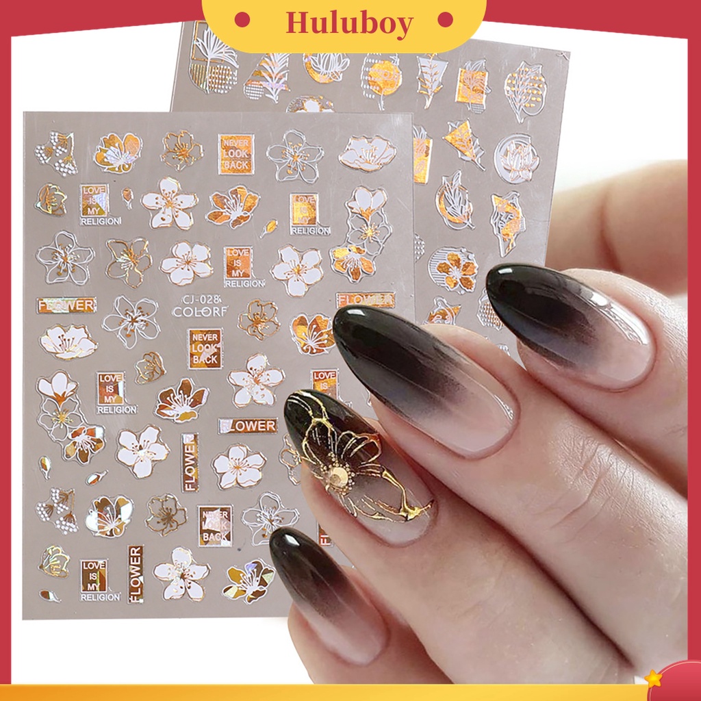 Huluboy Huluboy♡ Stiker Kuku Glitter Efek 3D Ultra Tipis Motif Daun Pohon Bronzing Untuk Manicure