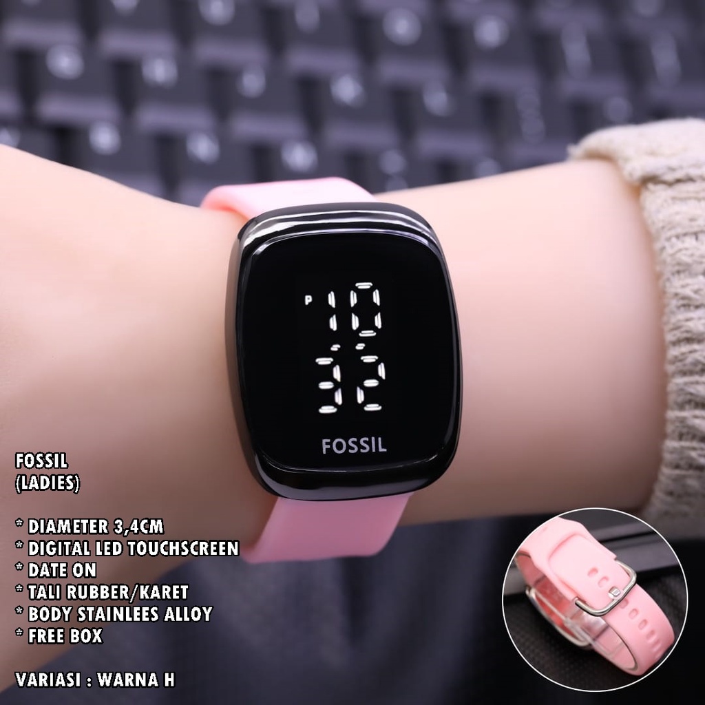 JAM TANGAN WANITA FASHION TALI RUBBER BODY OVAL HITAM LED TANGGAL AKTIF