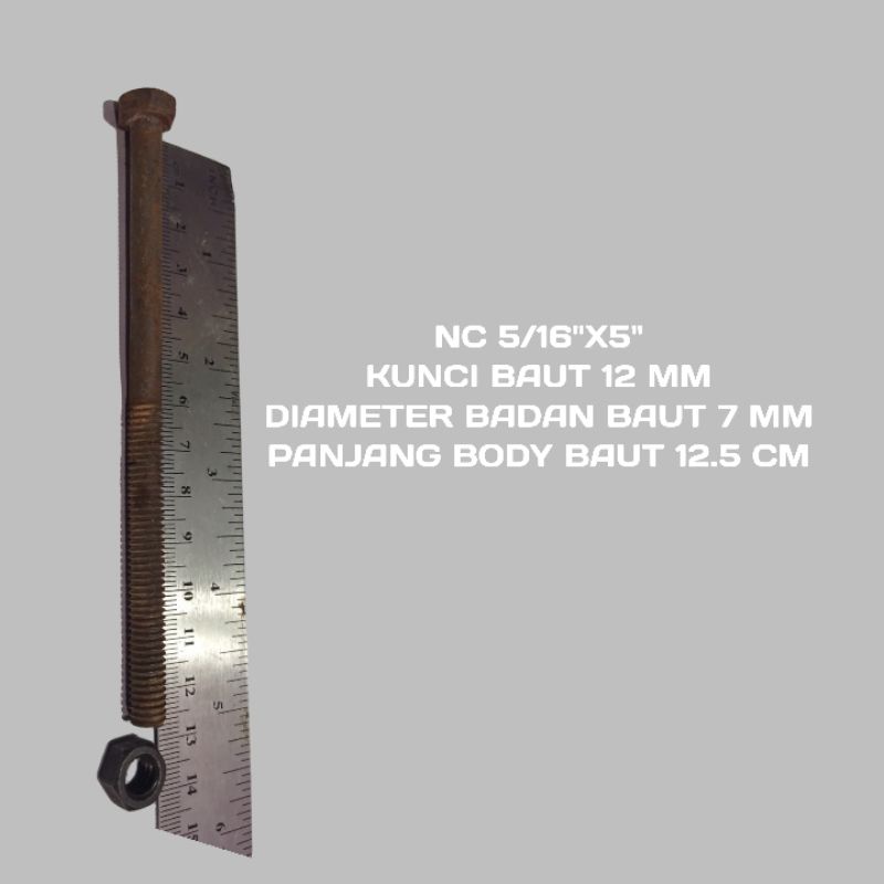 Baut MUR BESI Hitam KUNCI 12 NC 5/16X5 PANJANG 12.5 CM BAUT NC 5/16 x 5