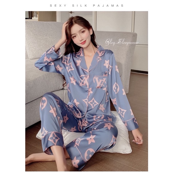 Piyama satin import / baju tidur wanita / ice silk baju tidur musim gugur-L* blue