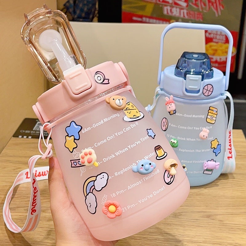 【Stiker gratis】Botol Minum Big Belly Gemoy 1400ML 1.4Liter Botol Motivasi Penanda Waktu Botol Minum Viral