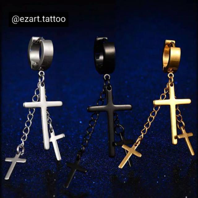 ANTING PRIA WANITA TUSUK GANTUNGAN 3 SALIB KOMBINASI RANTAI STAINLESS STEEL PUNK KPOP KOREA