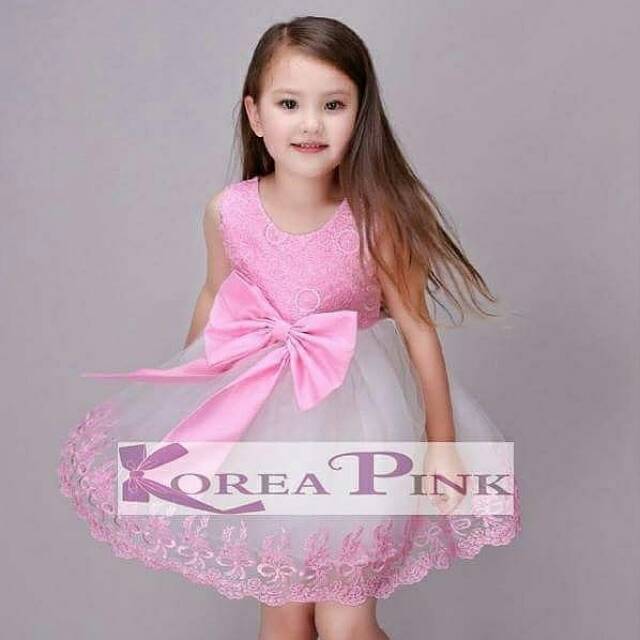 Dress Korea Pink Brukat pink putih