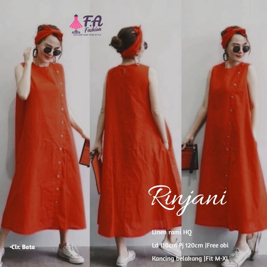 Rinjani baju long dress midi gereja wanita remaja jumbo ld 110 katun linen polos kekinian terbaru