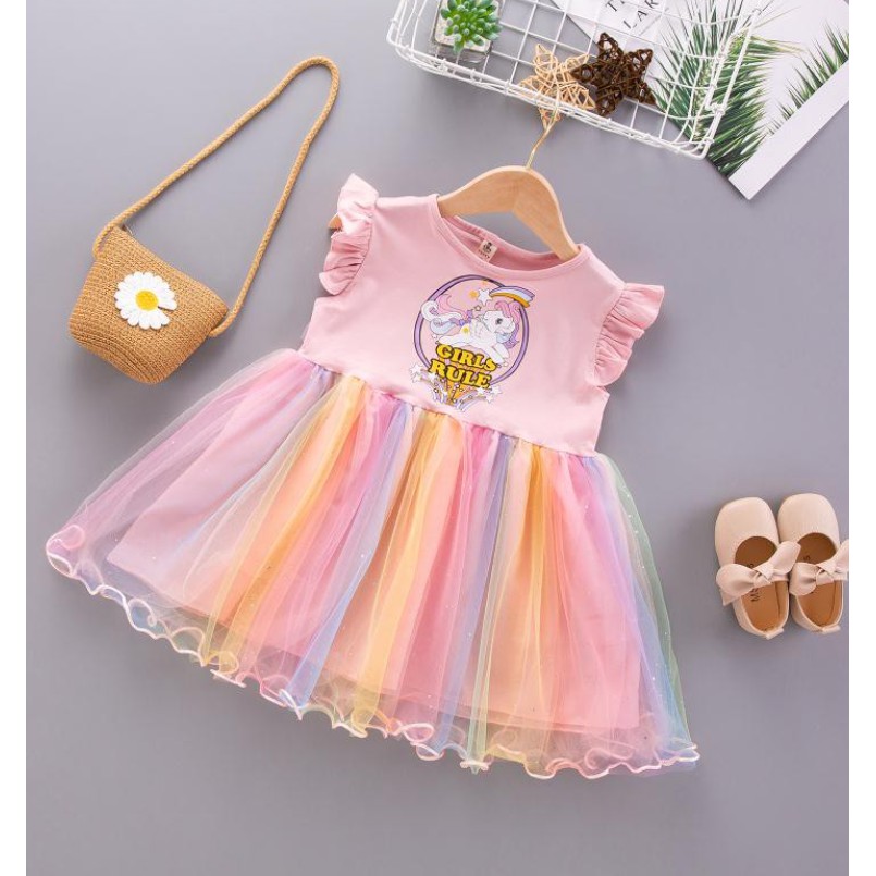 Import Unicorn Dress anak Perempuan Gaun Pesta Dress Tutu Rainbow