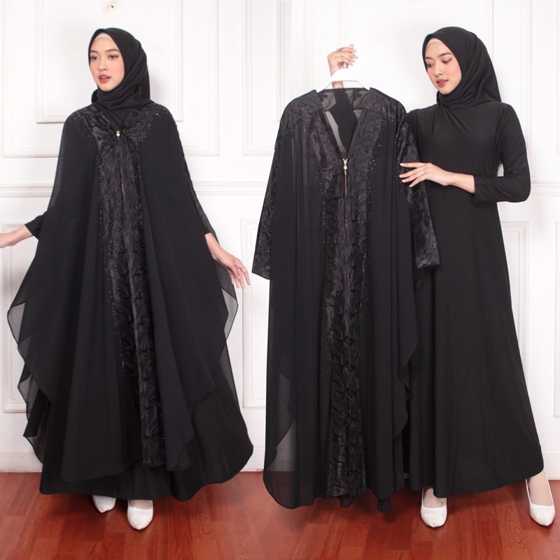 GAMIS ABAYA TURKEY KAFTAN ROMPI KALONG BORDIR FULL HITAM