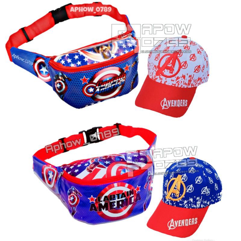 PAKET 2IN1 TAS SELEMPANG / WAISTBAG CAPTEN AMERIKA DAN TOPI BESTBALL BORDIR A CAPTEN AMERIKA KOMBI