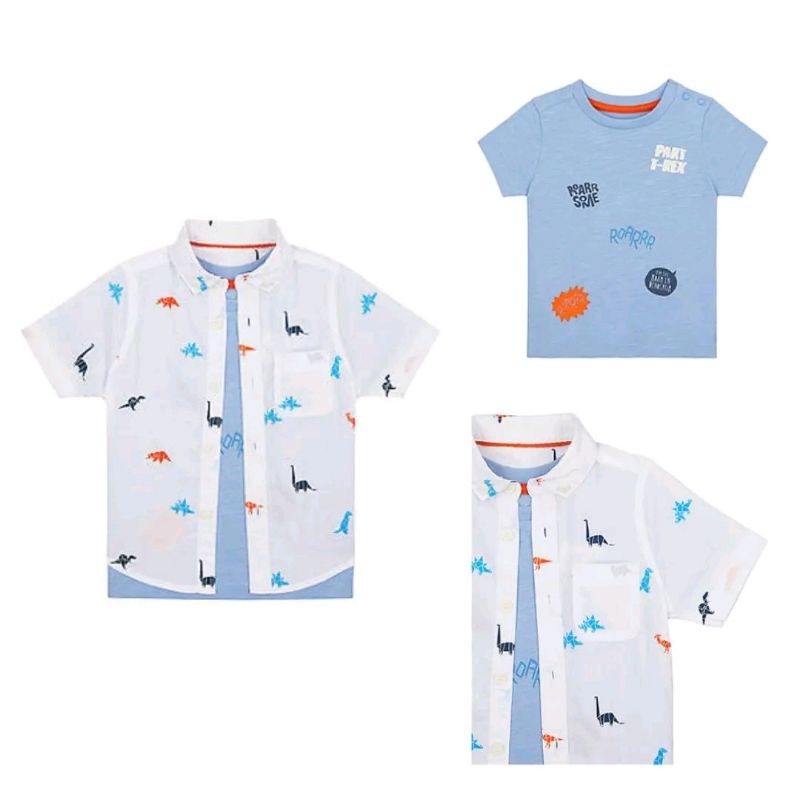 MC Mothercare Boys Set 2pcs Denim Dino Shirts & T-Shirts Blue White Setelan Kemeja Kaos Original
