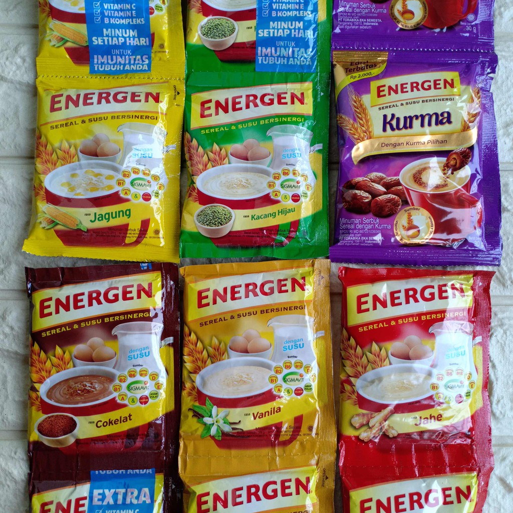 Energen Sachet Sereal Susu Telur Sarapan Instant Instan Champion 4in1 Coklat Cokelat Vanilla Vanila Jahe Kurma Jagung Kacang Hijau