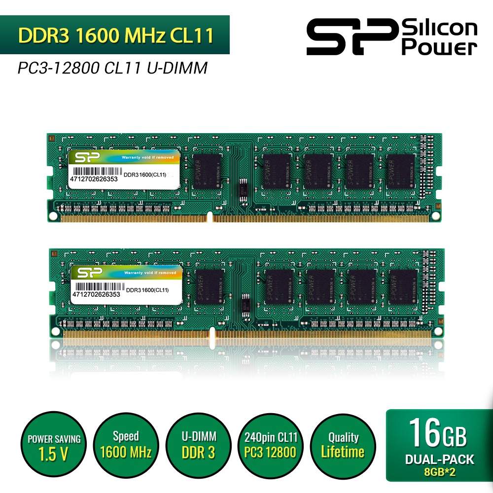 Silicon Power DDR3 1600MHz CL11 PC3-12800 UDIMM - 16G (8GB x 2 )