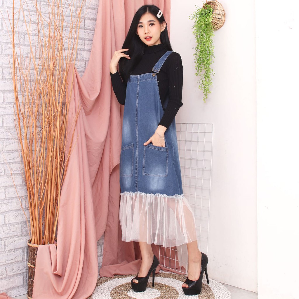 DRESS JEANS WANITA MIDI OVERALL KOMBINASI TILE