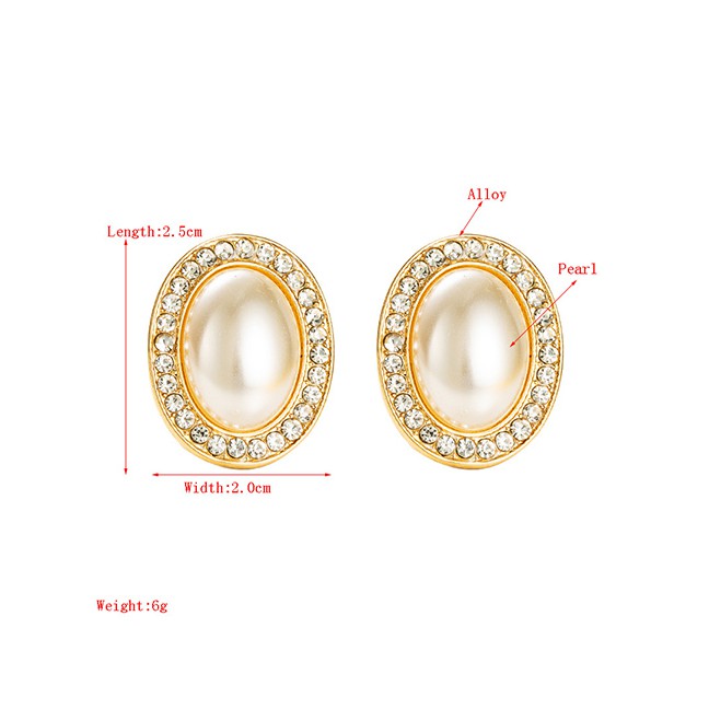 LRC Anting Tusuk Fashion Golden Alloy Diamond Oval Pearl Earrings P59672