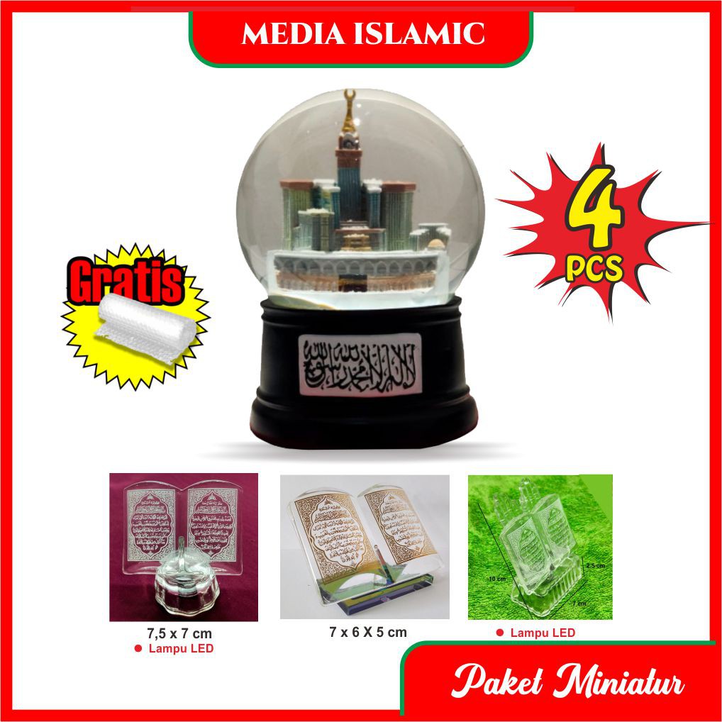 Miniatur Bola Salju Kabah Makkah Royal Clock Tower dan Kristal Motif Pembuka Alquran Paket 4 pcs