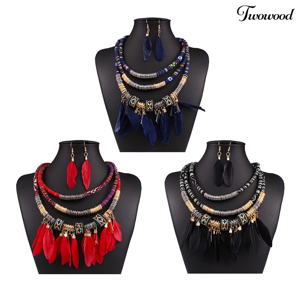 2pcs / Set Kalung Anting Rumbai Bulu Multilayer Bahan Alloy Gaya Bohemian Etnik Untuk Aksesoris Perhiasan