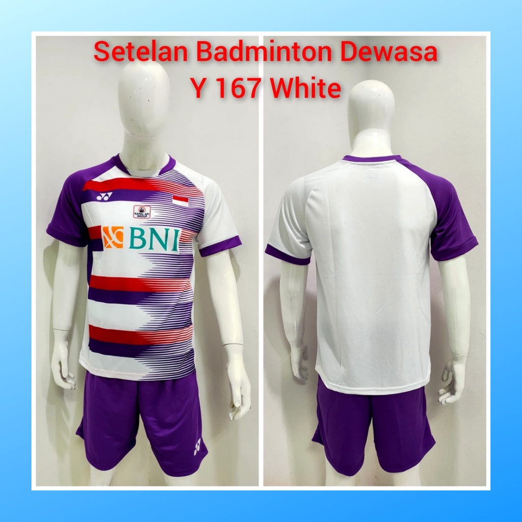 Kaos badminton pria jersey bulutangkis baju dan celana setelan wanita dewasa t-shirt outfit seragam jarsey kostum olahraga pakaian apparel sport jersy bulu tangkis casual jersi sudirman cup suit Y167 putih sponsor