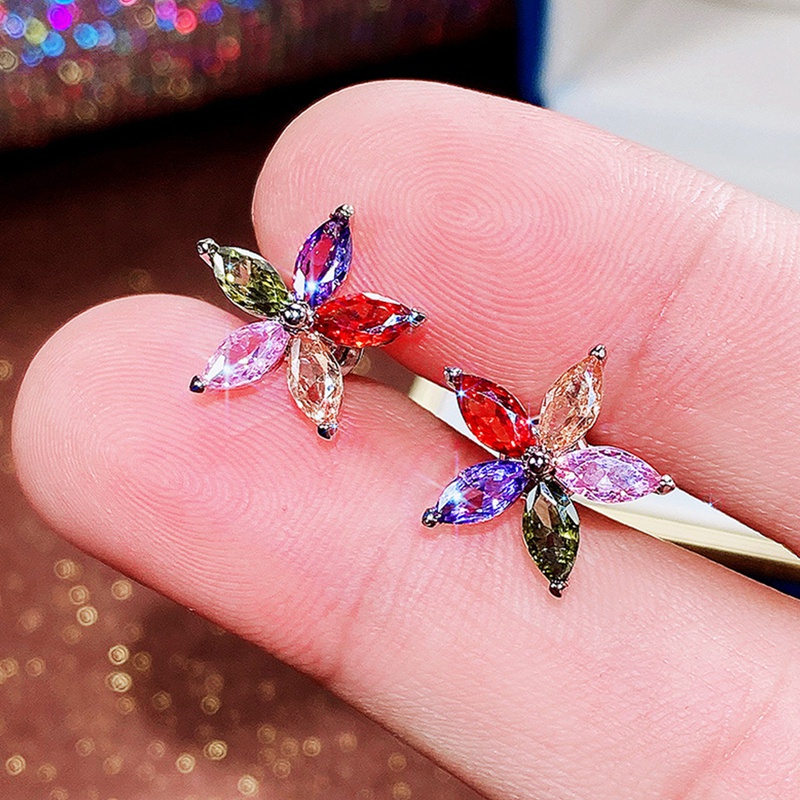 Fancyqube Anting Stud Cubic Zirconia Bentuk Bunga Warna-Warni Untuk Wanita