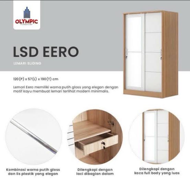 lemari pakaian 2 pintu sliding putih wood olympic ready makassar murah promo lemari baju kaca cermin