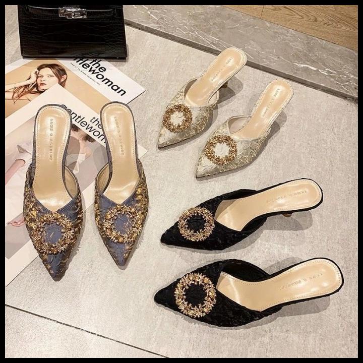 Sandal Hak Pesta Wanita Party Import Mewah Lux Satin - Mules Kondangan