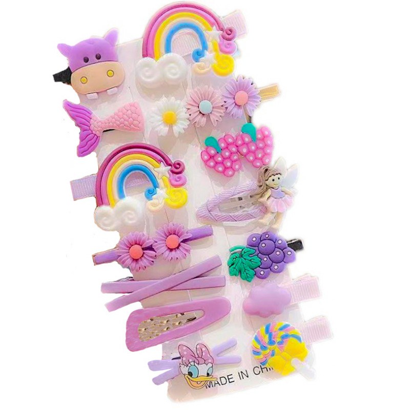 [14Pcs/Set Little Girls Korean INS Style Small Cute Baby Animal Flower Rainbow Decoration Bangs Clip Sets ] [Girls Sweet Style Hairpin Cartoons Hairpin] [Kids Daily Fashion BB Barrettes]