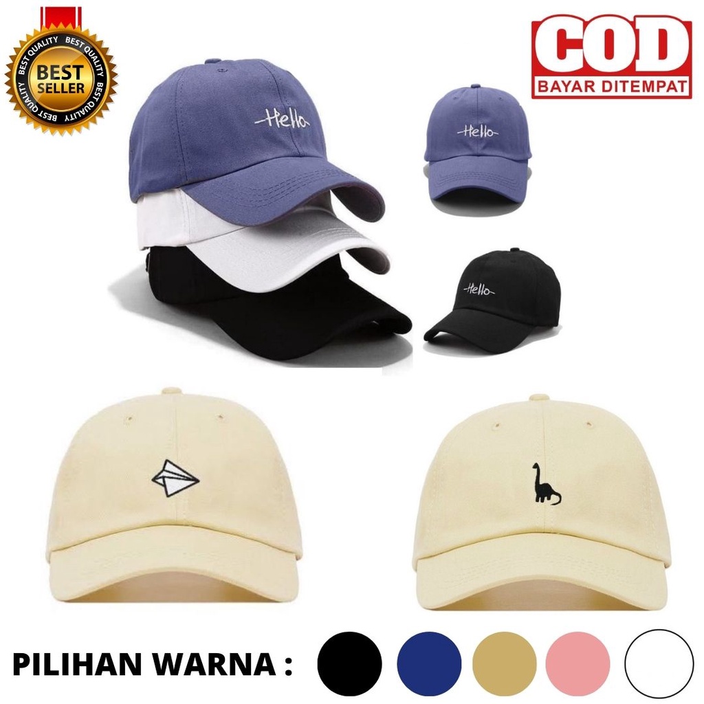 8.8 TERMURAH Topi Baseball Bordir  Hello / Pesawat Kertas / Dino Premium Tali Ring Besi Pria Wanita Dewasa COD