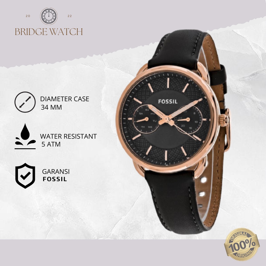 Jam Tangan Wanita Fossil Ladies Tailor Analog Strap Kulit Chronograph Multifunction Day And Date Bla