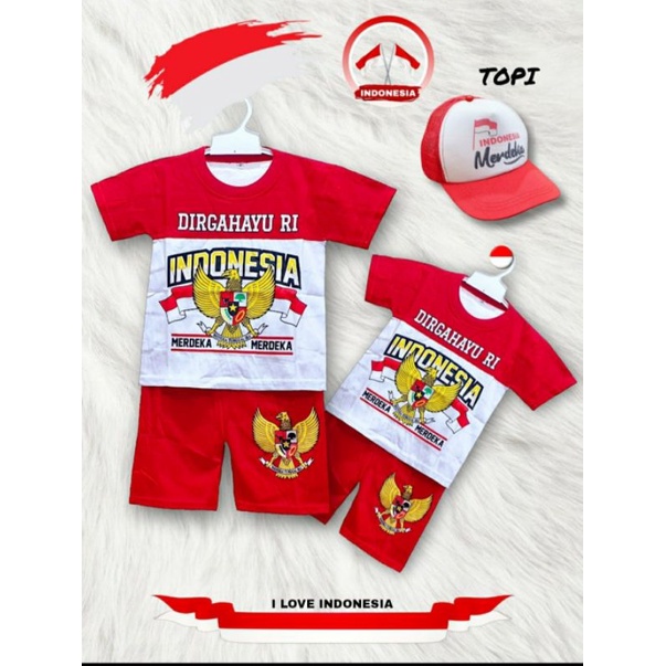 SETELAN ANAK MERAH PUTIH DIRGAHAYU DAPAT TOPI/TOPI AJA/KAOSKAKI AJA