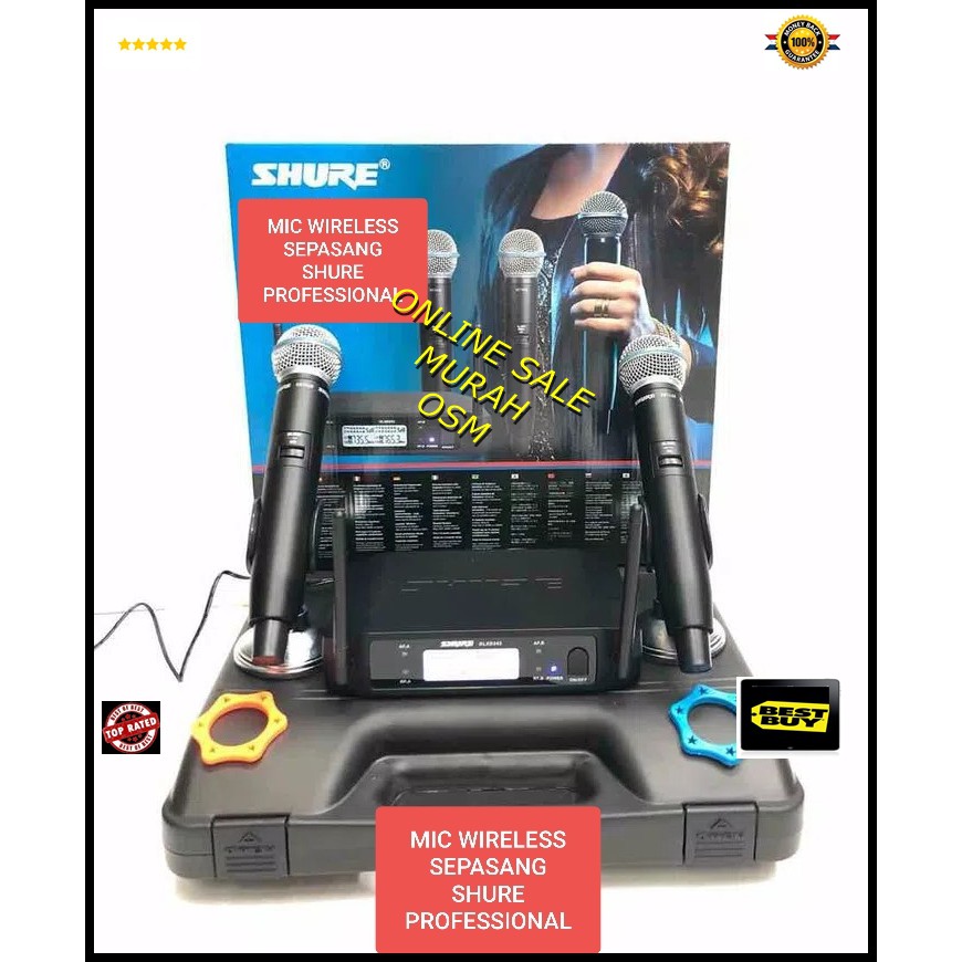 shure pro mic karaoke sepasang UHF mikrophone Wireless microphone wireles suara audio sound sistem vokal sing a song vocal mik professional panggung dj studio Sepasang 1bh reciever digital  2bh mic pegang digital  jarak mic bisa pakai sampe 30-40 meter. s