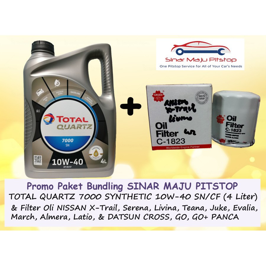 Paket Oli TOTAL QUARTZ 10W-40 SN SYNTHETIC 4 Ltr & Filter DATSUN GO HATCHBACK & GO+ PANCA & CROSS