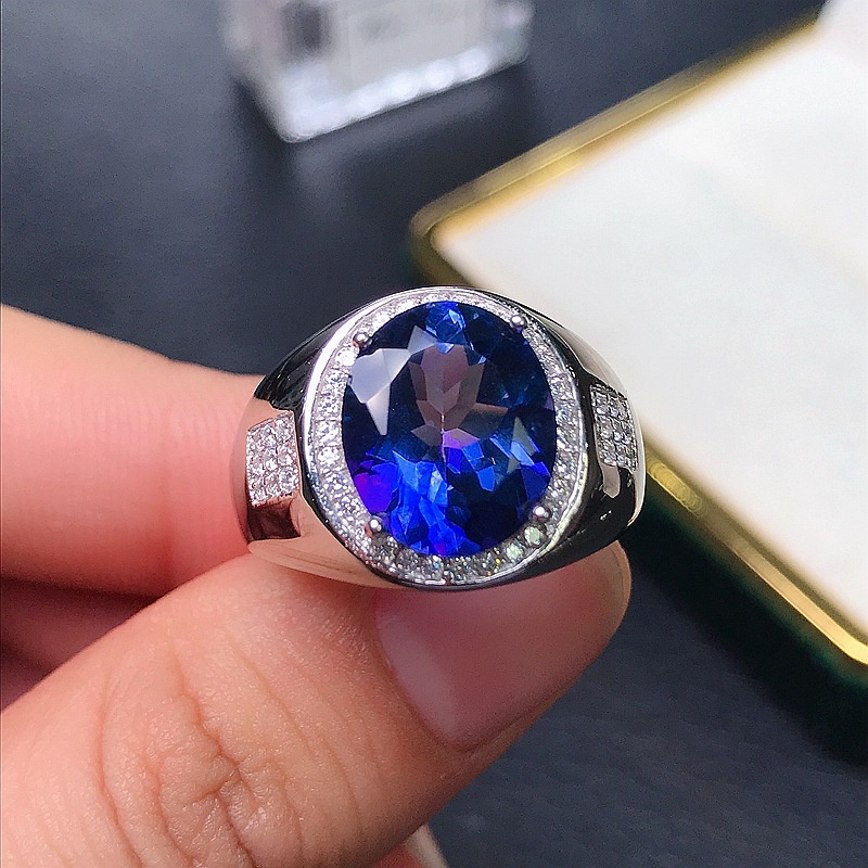 Cincin Sapphire Zircon Oval Warna Silver Untuk Pria