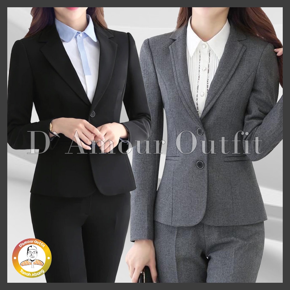 Jas Blazer Wanita Jas Kerja Kantor Cewe Polos Dewasa Anak Jaket Blezer Cewek Pakaian Formal Kantoran Dasar Hitam Abu Rok Span Line A Rempel Celana Bahan Panjang Kancing Jumbo Big Size Cardigan Rompi Outer Perempuan One Set Setelan Stelan Ootd Korean Style