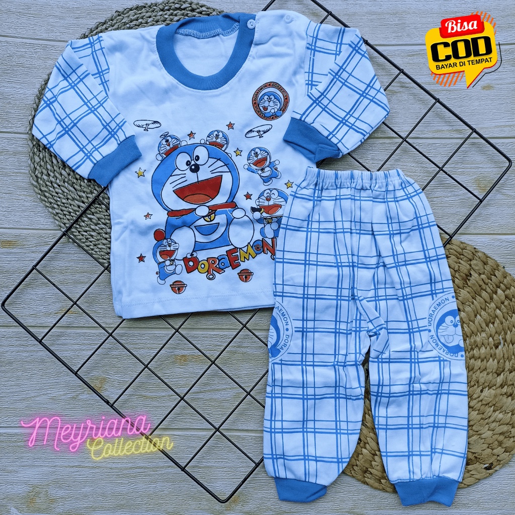 Setelan Baju Bayi Lengan Panjang Kaos Oblong Kancing Bahu Piyama Anak Usia 3-12 Bulan Motif Doraemon Meyriana Collection