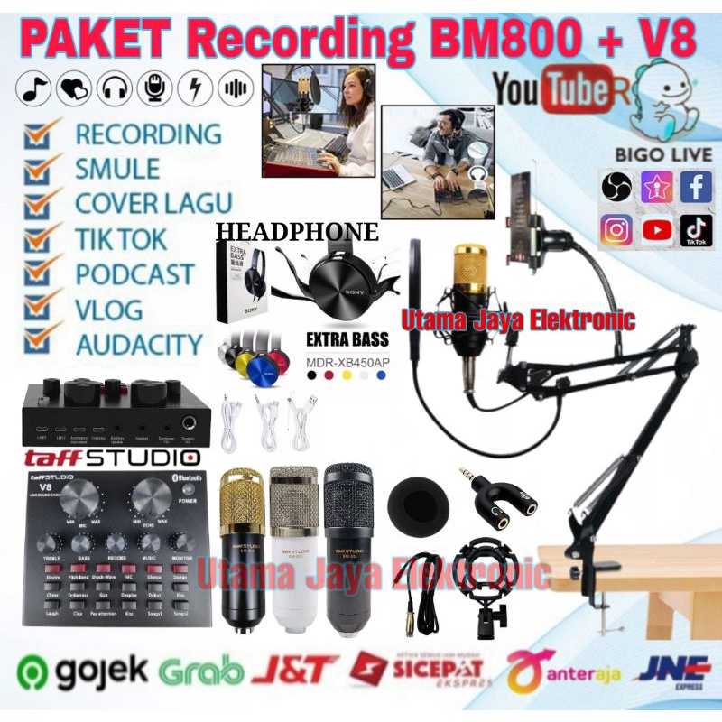 Paket Komplit Mic BM800 Soundcard V8 bluetooth Stand Holder D6 Pop Filter Shield Rekaman Terbaik