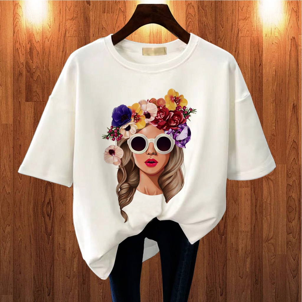 CALVIERO SHOP - BAJU KAOS WANITA DEWASA PRINT CASUAL GIRL FLOWER